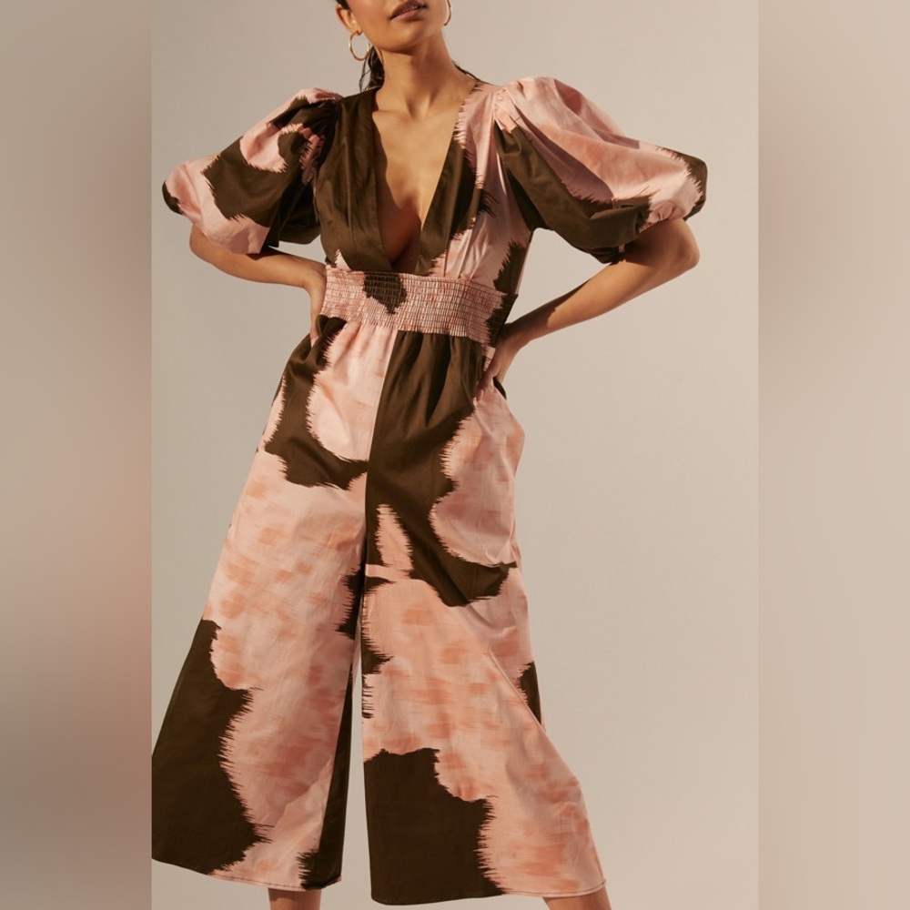 Anthropologie Hutch Green Pink Wide Leg Jumpsuit Size 1X Plunging V-Neck - Picture 5 of 15